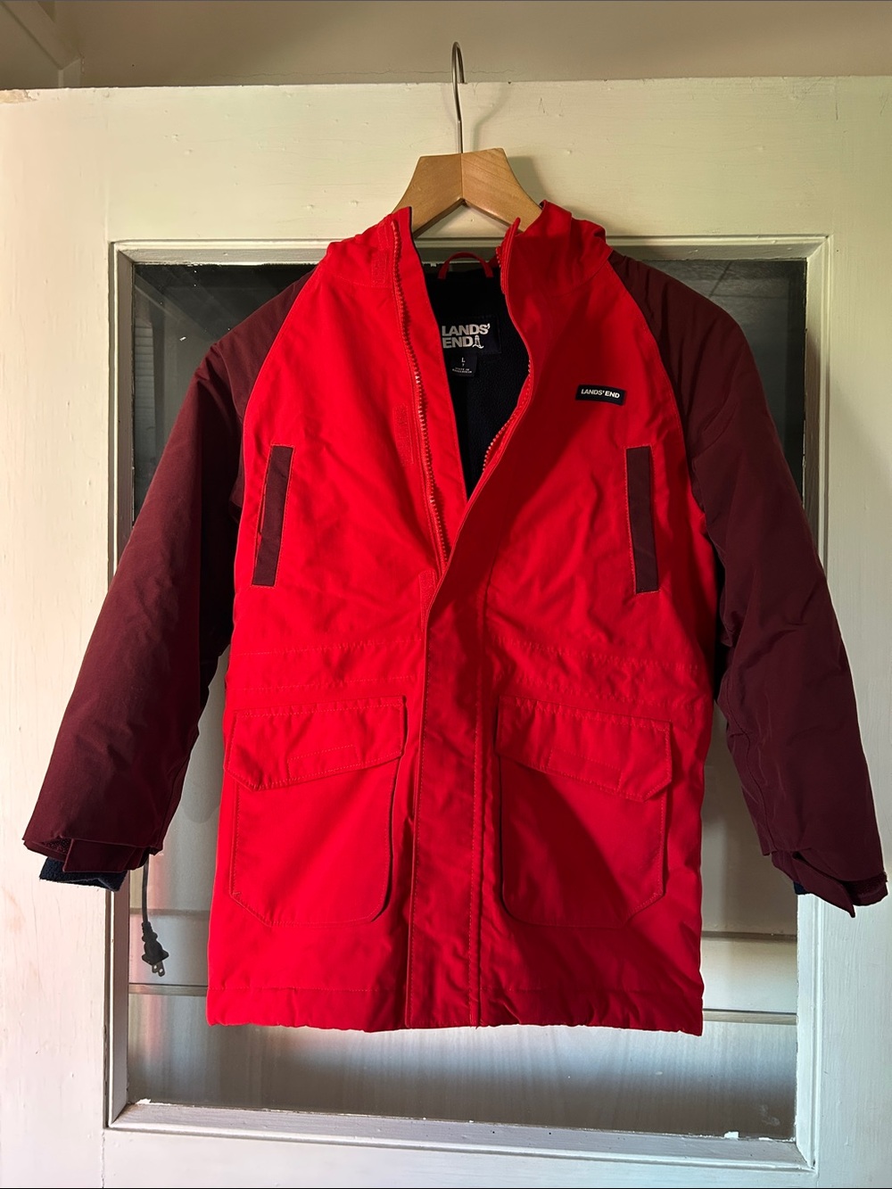 Lands' End kids Two-Tone Red and Burgundy “grow along” fleece lined Jacket